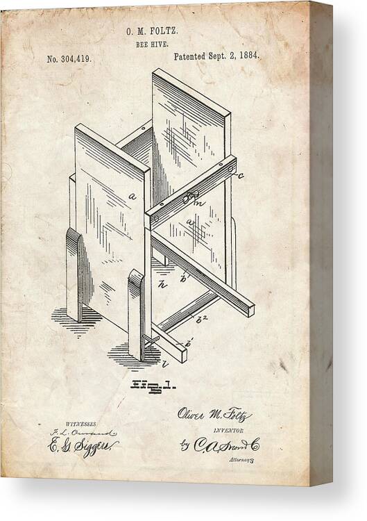 Pp725-vintage Parchment Bee Hive Frames Patent Poster Canvas Print featuring the digital art Pp725-vintage Parchment Bee Hive Frames Patent Poster by Cole Borders