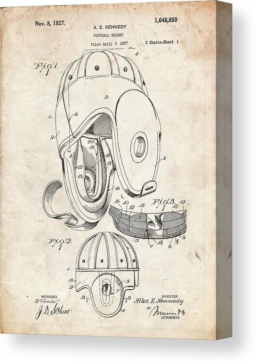 Pp73-vintage Parchment Football Leather Helmet 1927 Patent Poster Canvas Print featuring the digital art Pp73-vintage Parchment Football Leather Helmet 1927 Patent Poster by Cole Borders