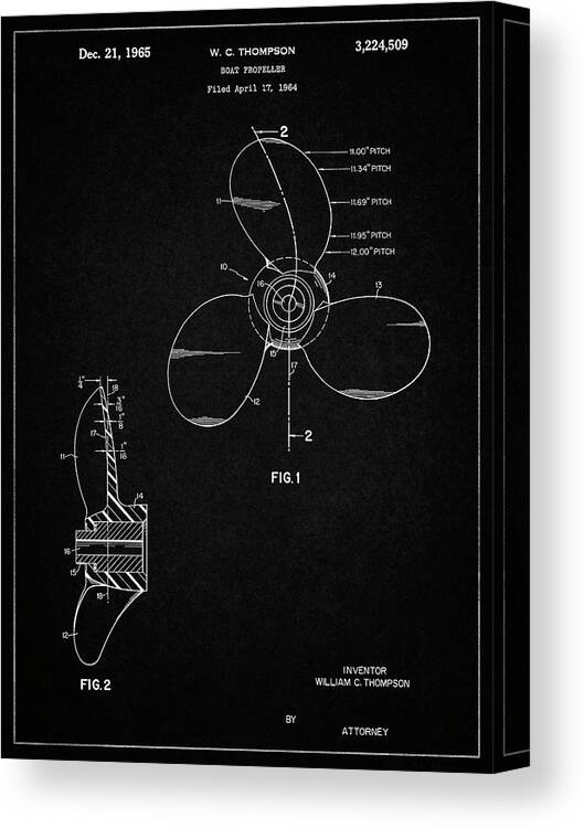 Pp746-vintage Black Boat Propeller 1964 Patent Poster Canvas Print featuring the digital art Pp746-vintage Black Boat Propeller 1964 Patent Poster by Cole Borders