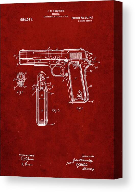Pp76-burgundy Colt 1911 Semi-automatic Pistol Patent Poster Canvas Print featuring the digital art Pp76-burgundy Colt 1911 Semi-automatic Pistol Patent Poster by Cole Borders