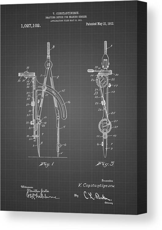 Pp785-black Grid Drafting Compass 1912 Patent Poster Canvas Print featuring the digital art Pp785-black Grid Drafting Compass 1912 Patent Poster by Cole Borders