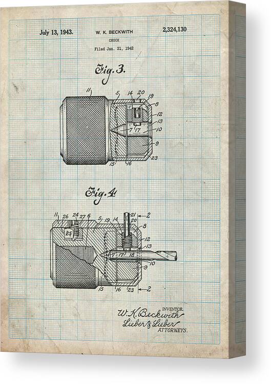 Pp787-antique Grid Parchment Drill Chuck 1943 Patent Poster Canvas Print featuring the digital art Pp787-antique Grid Parchment Drill Chuck 1943 Patent Poster by Cole Borders