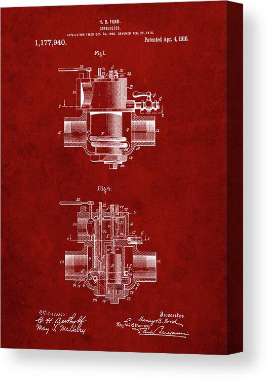 Pp835-burgundy Ford Carburetor 1916 Patent Poster Canvas Print featuring the digital art Pp835-burgundy Ford Carburetor 1916 Patent Poster by Cole Borders