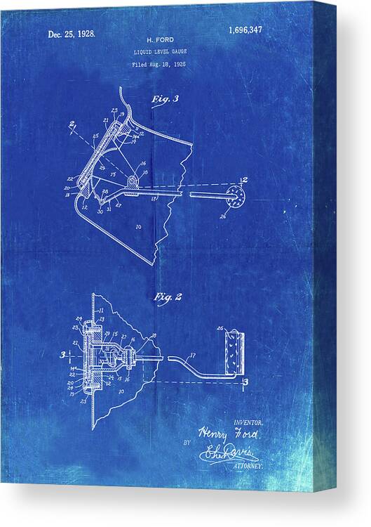 Pp845-faded Blueprint Ford Liquid Gauge Patent Poster Canvas Print featuring the digital art Pp845-faded Blueprint Ford Liquid Gauge Patent Poster by Cole Borders