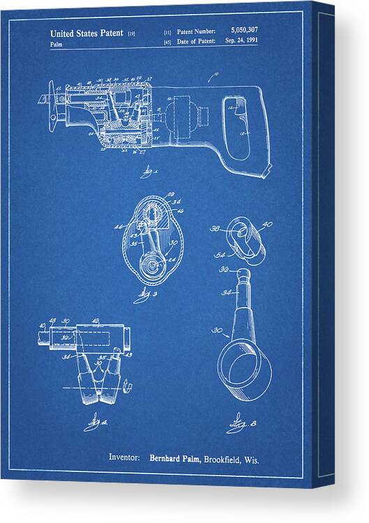 Pp958-blueprint Milwaukee Reciprocating Saw Patent Poster Canvas Print featuring the digital art Pp958-blueprint Milwaukee Reciprocating Saw Patent Poster by Cole Borders