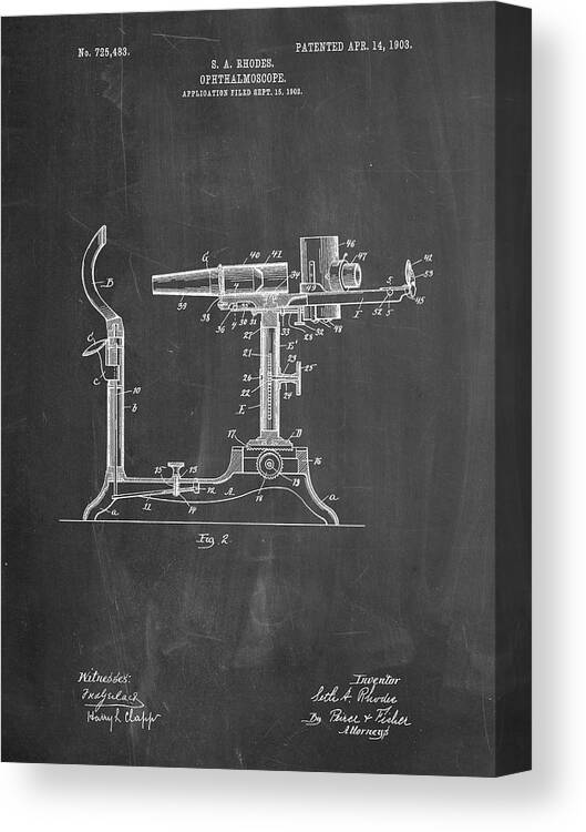 Pp974-chalkboard Ophthalmoscope Patent Canvas Print featuring the digital art Pp974-chalkboard Ophthalmoscope Patent by Cole Borders