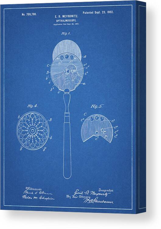 Pp975-blueprint Ophthalmoscope Patent Poster Canvas Print featuring the digital art Pp975-blueprint Ophthalmoscope Patent Poster by Cole Borders