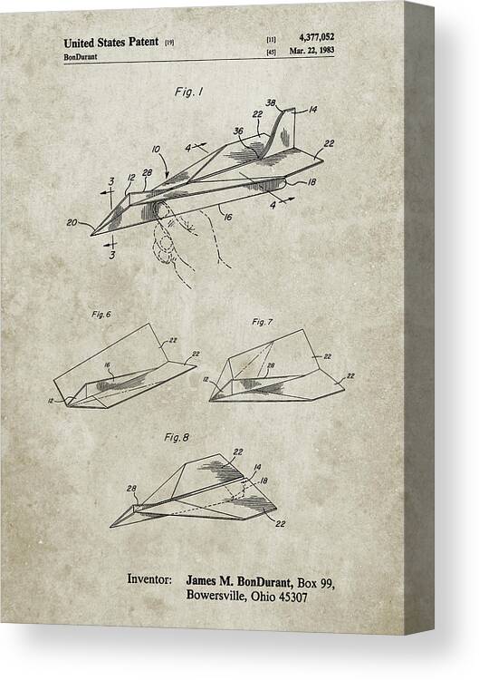 Pp983-sandstone Paper Airplane Patent Poster Canvas Print featuring the digital art Pp983-sandstone Paper Airplane Patent Poster by Cole Borders
