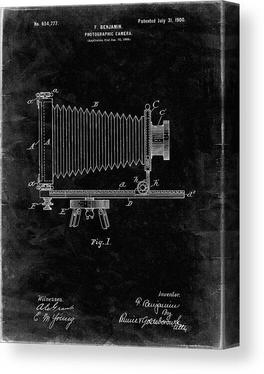 Pp985-black Grunge Photographic Camera Patent Poster Canvas Print featuring the photograph Pp985-black Grunge Photographic Camera Patent Poster by Cole Borders