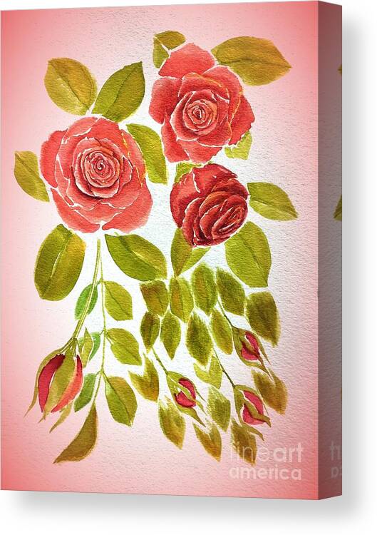 Red Canvas Print featuring the painting Red Rose Floral Pre Framed by Delynn Addams