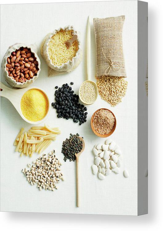 Borlotto Bean Canvas Print featuring the photograph Selection Of Beans And Pulses by Brett Stevens