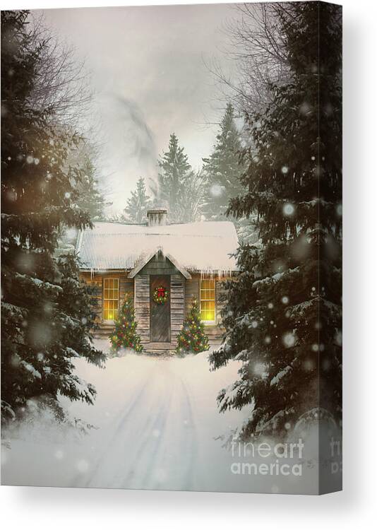  Amazing Canvas Print featuring the photograph Small cabin in a snow covered forest by Sandra Cunningham