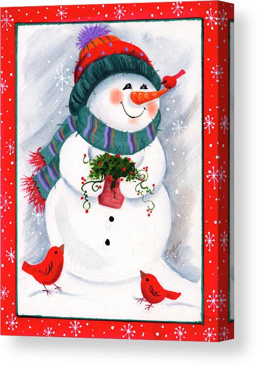 Snowman Holding A Flowering Plant. Canvas Print featuring the painting Snowman With Birds by Beverly Johnston