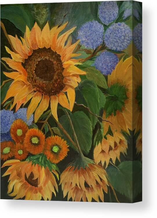 Sunflowers. Large Leaves Canvas Print featuring the painting Sunflowers in my Garden by Jane Ricker