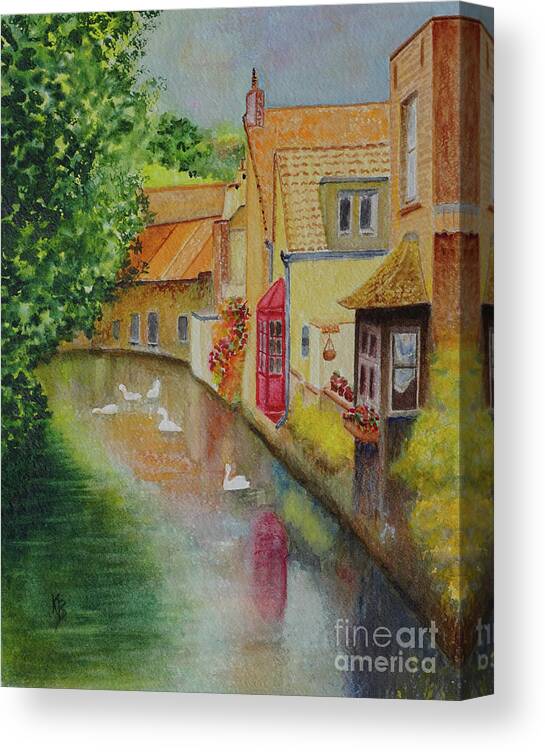 Bruges Canvas Print featuring the painting Swan Canal by Karen Fleschler