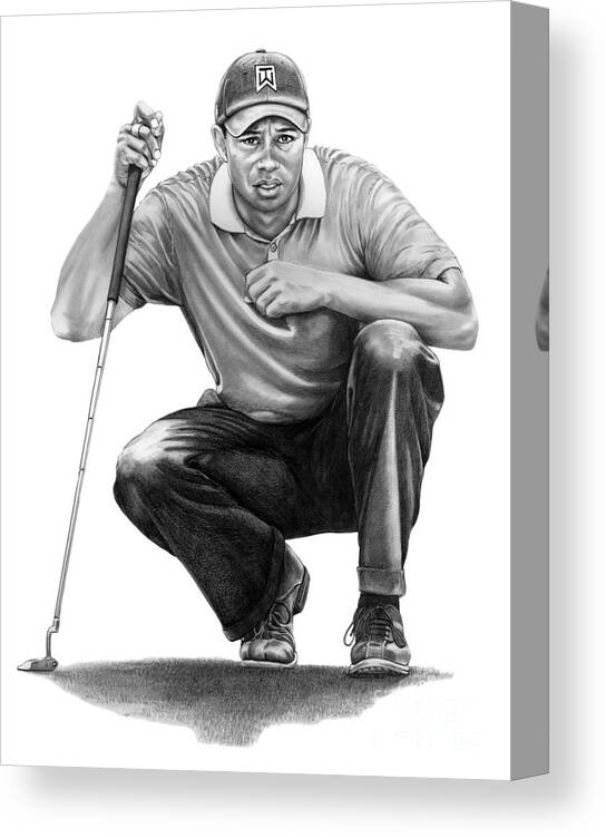 Pencil Canvas Print featuring the drawing Tiger Woods Crouching Tiger by Murphy Elliott
