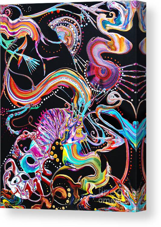 Exotic Dynamic Dramatic Compelling Vibrant Fun Colorful Charming Energetic Abstract Fantasy Canvas Print featuring the painting Transformation Fantasy 5502 by Priscilla Batzell Expressionist Art Studio Gallery