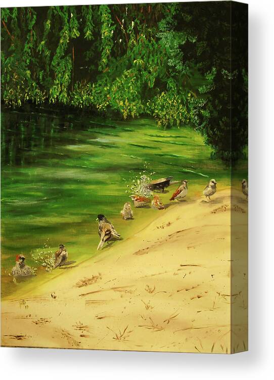 Oil Painting Landscape Garden Outside Outdoor Park Garden Poland Warsaw Vacation Warm Day Nature Tourist Summer Clouds Holiday Sun Lake Relax Shore Sunny Trees Green Beautiful Warm Sand Sunbathing Water Reflections Birds City Canvas Print featuring the painting Warm Day by Maria Woithofer