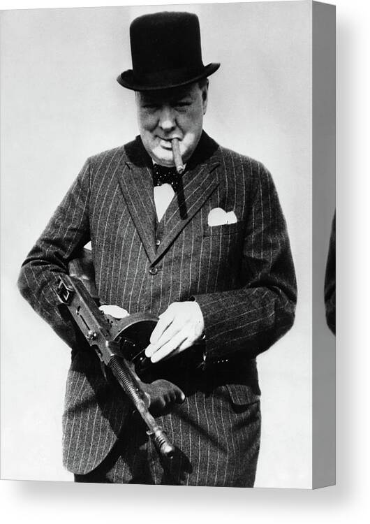 Winston Churchill Canvas Print featuring the painting Winston Churchill with Tommy Gun by English School
