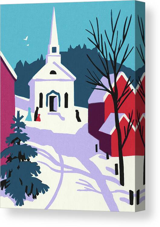 Barn Canvas Print featuring the drawing Winter Scene With a Small Church by CSA Images
