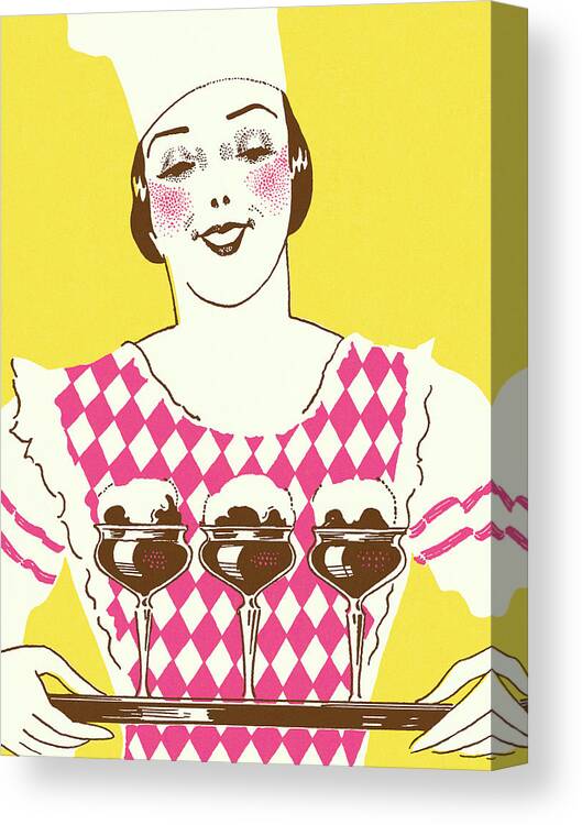Adult Canvas Print featuring the drawing Woman Holding Three Desserts on a Tray by CSA Images