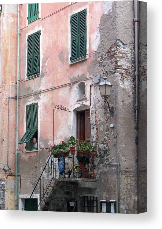 Cinque Terre Canvas Print featuring the photograph Green Shutters by Leslie Struxness