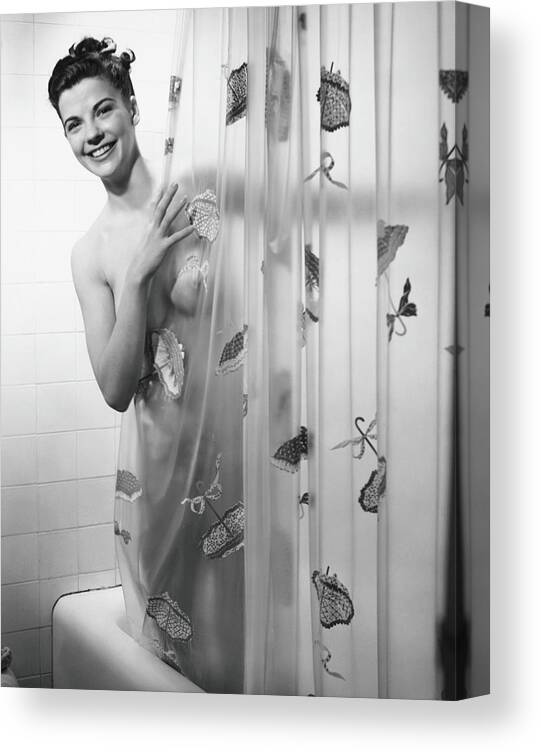 Shower Canvas Print featuring the photograph Woman Peering Through Shower Curtain by George Marks