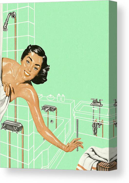 Adult Canvas Print featuring the drawing Woman Reaching Out of the Shower by CSA Images