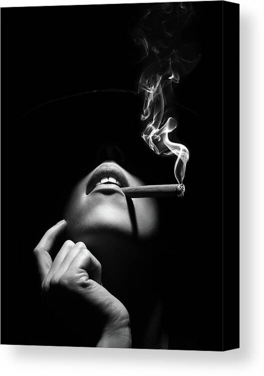 Woman Canvas Print featuring the photograph Woman smoking a cigar by Johan Swanepoel