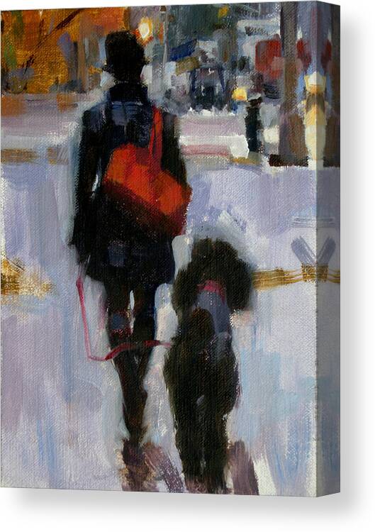 Woman Walking Dog Canvas Print featuring the painting Evening Walk #1 by Merle Keller
