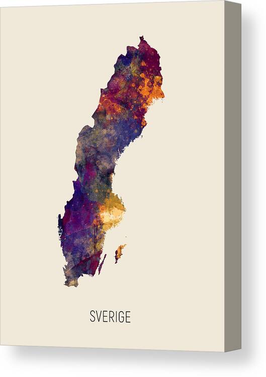 Sverige Canvas Print featuring the digital art Sverige Watercolor Map #1 by Michael Tompsett