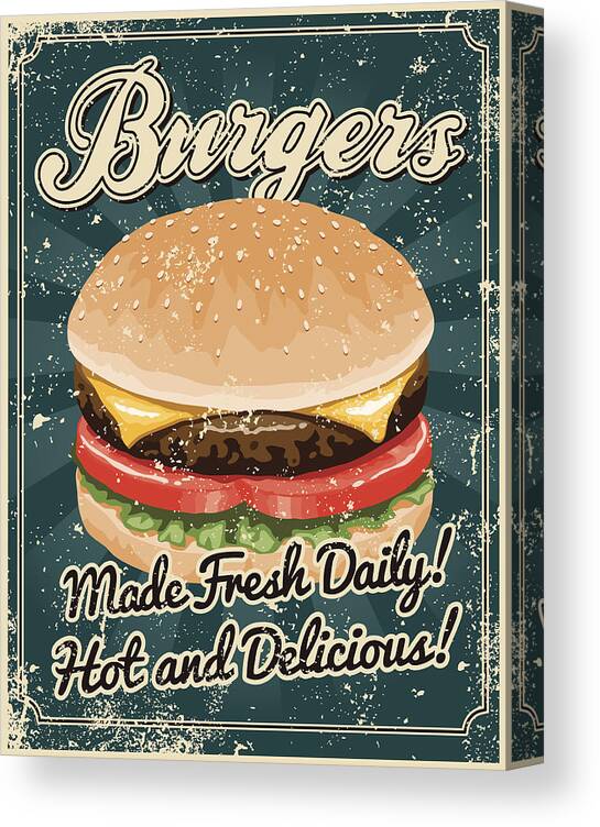 Bun Canvas Print featuring the drawing Vintage Screen Printed Burger Poster #1 by Bortonia