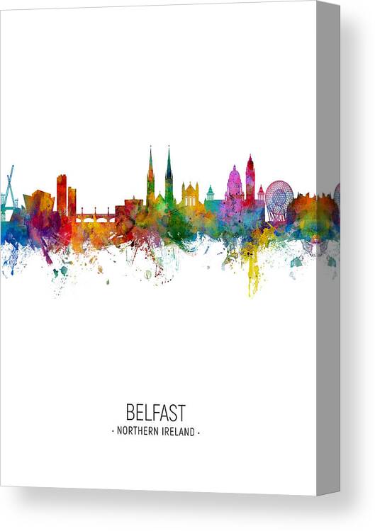 Belfast Canvas Print featuring the digital art Belfast Northern Ireland Skyline #16 by Michael Tompsett