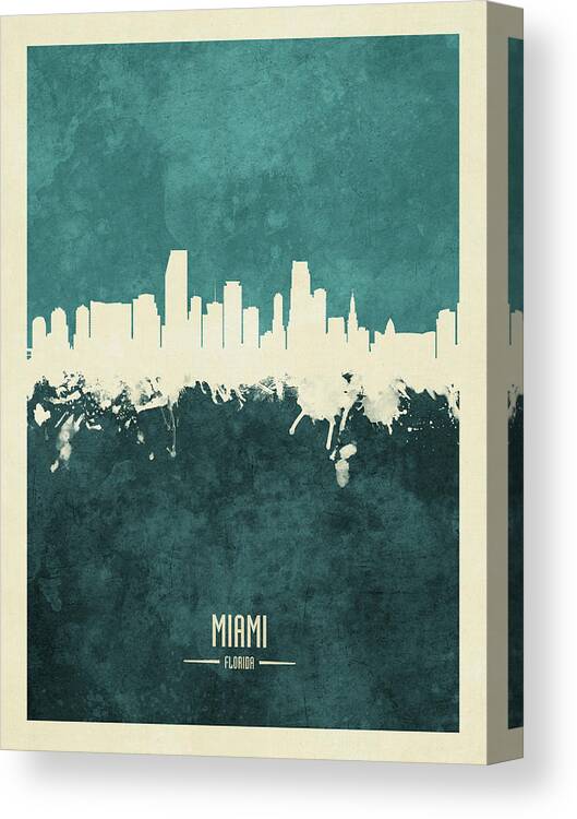 Miami Canvas Print featuring the digital art Miami Florida Skyline #19 by Michael Tompsett