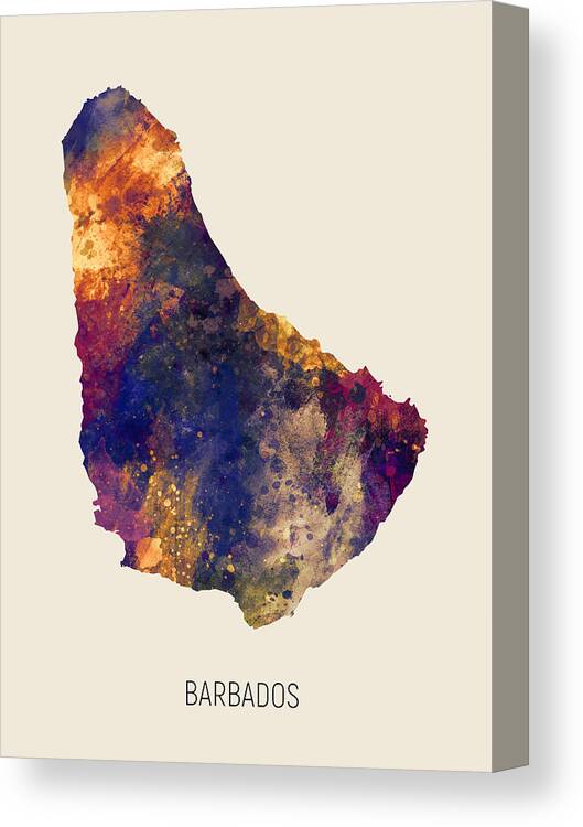 Barbados Canvas Print featuring the digital art Barbados Watercolor Map #2 by Michael Tompsett