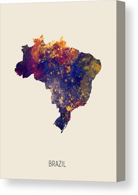 Brazil Canvas Print featuring the digital art Brazil Watercolor Map #2 by Michael Tompsett
