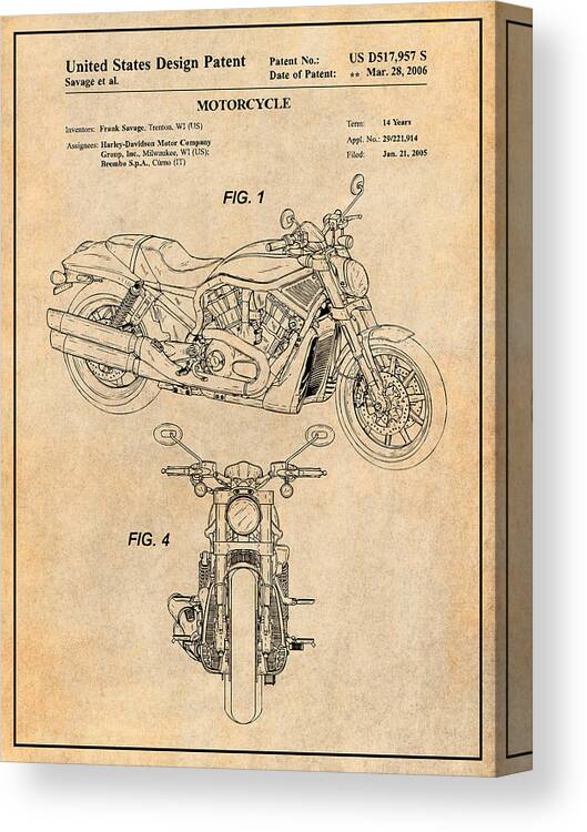 2005 Harley Davidson V-rod Motorcycle Patent Print Antique Paper Canvas Print featuring the drawing 2005 Harley Davidson V-Rod Motorcycle Patent Print Antique Paper by Greg Edwards