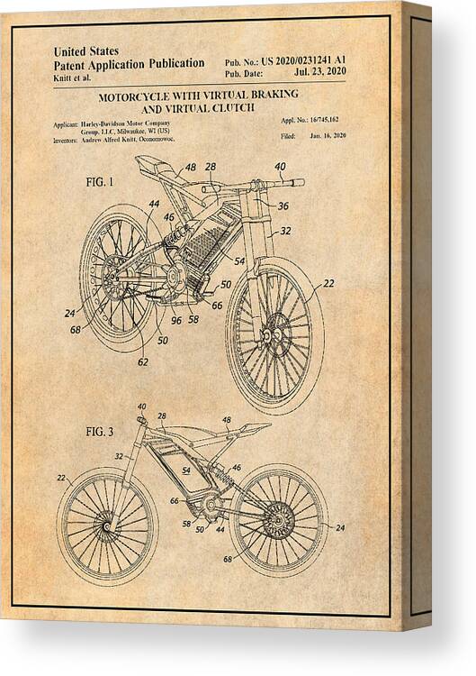 2020 Harley Davidson Electric Motorcycle Patent Print Antique Paper Canvas Print featuring the drawing 2020 Harley Davidson Electric Motorcycle Patent Print Antique Paper by Greg Edwards