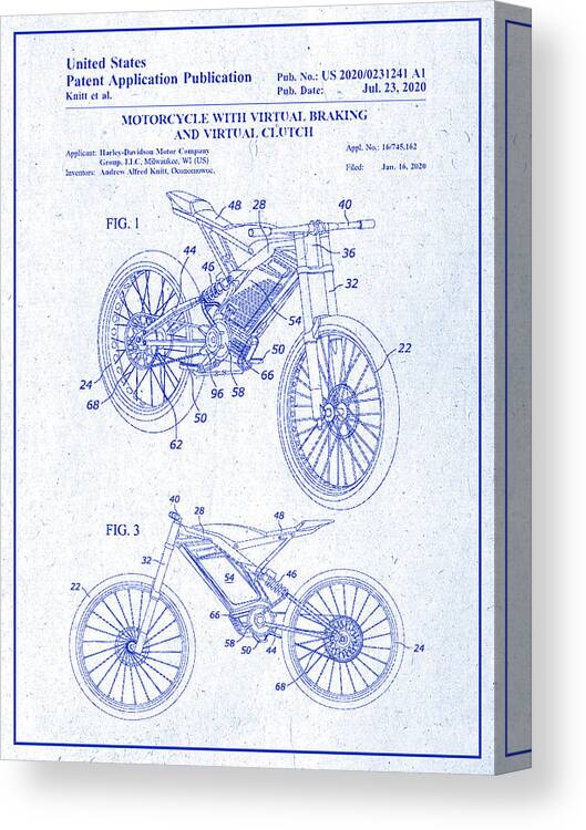 2020 Harley Davidson Electric Motorcycle Patent Print Blueprint Canvas Print featuring the drawing 2020 Harley Davidson Electric Motorcycle Patent Print Blueprint by Greg Edwards