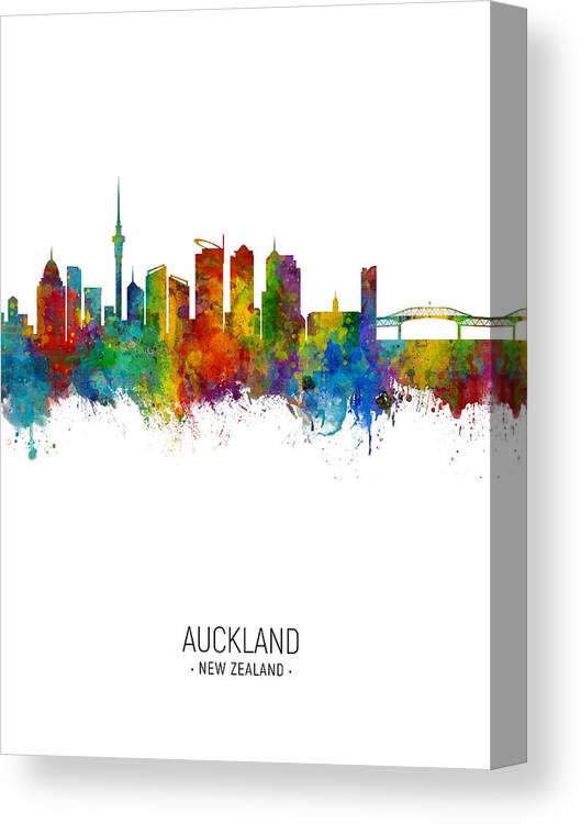 Auckland Canvas Print featuring the digital art Auckland New Zealand Skyline #21 by Michael Tompsett