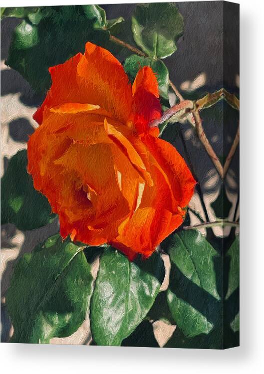 Abstract Tangerine Rose Green Leaves Tan Wall Brown Stem Yellow Canvas Print featuring the digital art Abstract Tangerine Rose by Kathleen Boyles