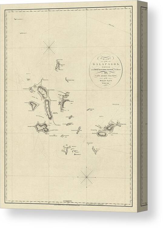 Galapagos Islands Canvas Print featuring the drawing Antique Map of the Galapagos Islands by James Colnett - 1798 by Blue Monocle