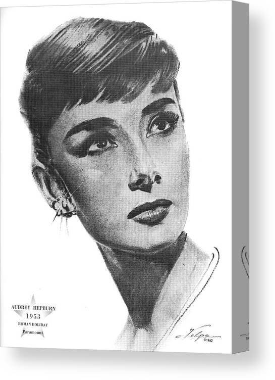 Audrey Hepburn Canvas Print featuring the drawing Audrey Hepburn 1953 by Movie World Posters