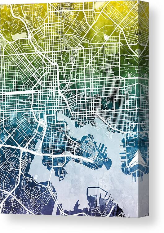 Baltimore Canvas Print featuring the digital art Baltimore Maryland City Street Map by Michael Tompsett