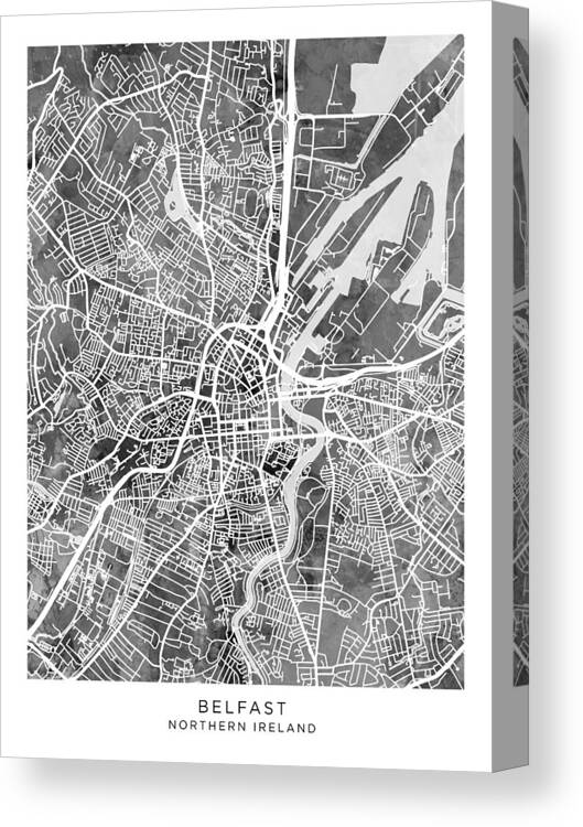 Belfast Canvas Print featuring the digital art Belfast Northern Ireland City Map #58 by Michael Tompsett