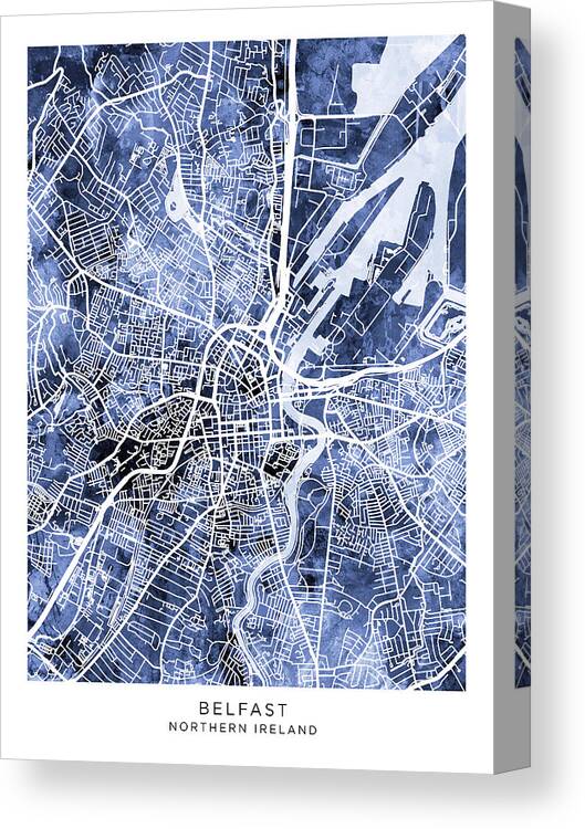 Belfast Canvas Print featuring the digital art Belfast Northern Ireland City Map #59 by Michael Tompsett