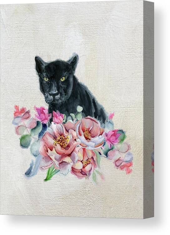 Black Panther Canvas Print featuring the painting Black Panther With Flowers by Garden Of Delights