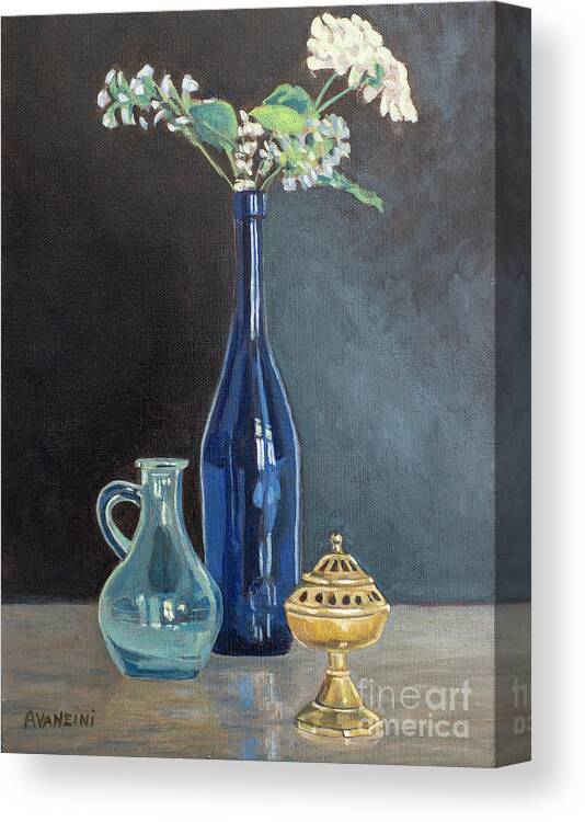 Taste Canvas Print featuring the painting Blue Glass Wine Bottle with Flowers Water Jug and Censer Still Life by Pablo Avanzini
