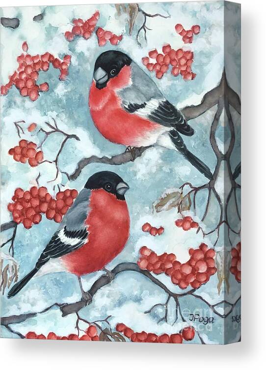 Bird Watercolor Canvas Print featuring the painting Bullfinch Couple by Inese Poga