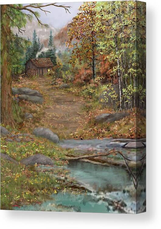 Mountain Landscape Canvas Print featuring the digital art Cabin in the Woods by Marilyn Cullingford